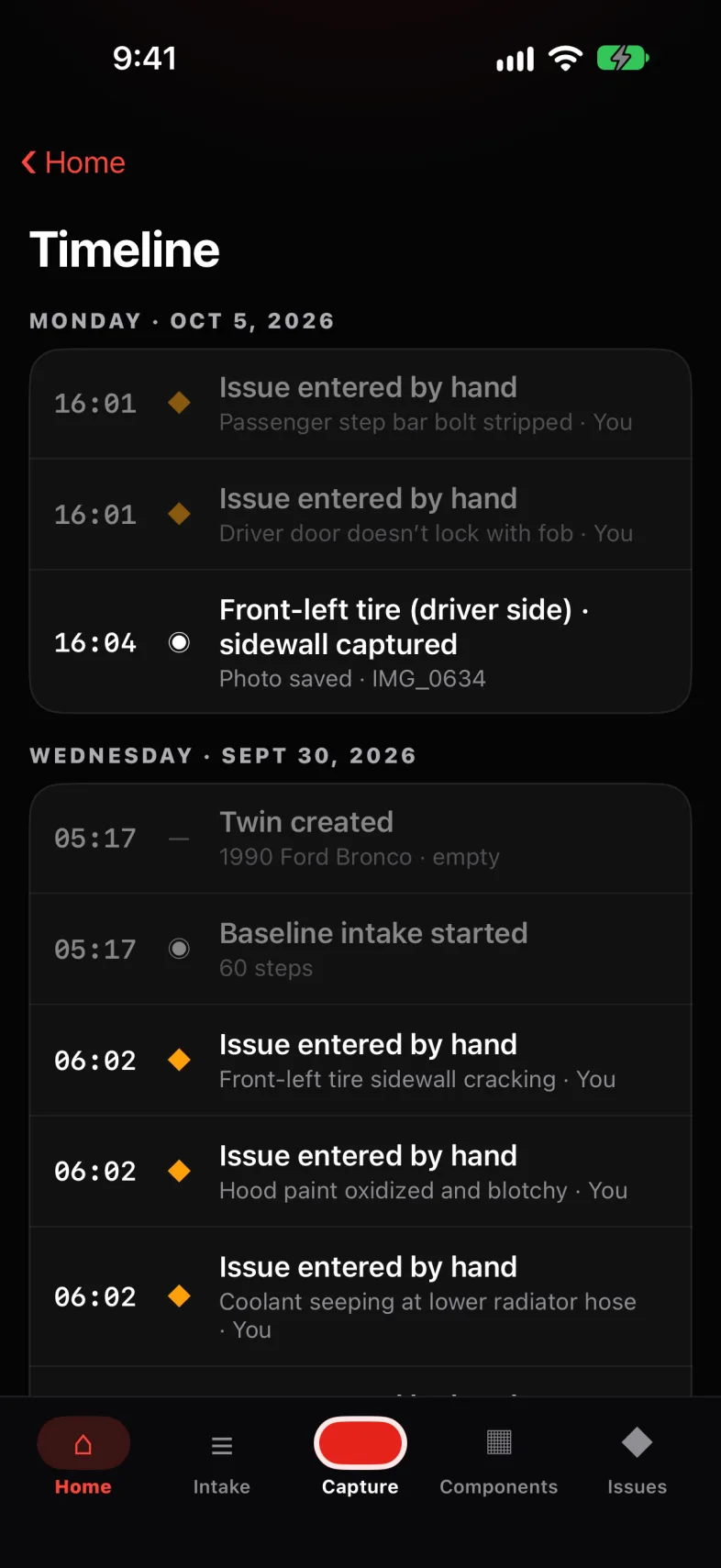 Every capture, issue and fix lands on the timeline, to the minute.