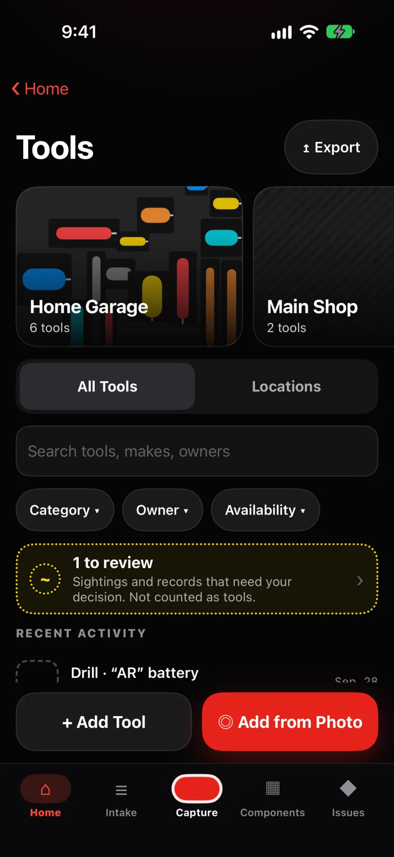 Garages, shops and drawers, with who owns each tool and where it was last seen.